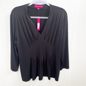 Catherine Malandrino Solid Black V-Neck Pleated Blouse 3/4 Sleeve Size XL NEW